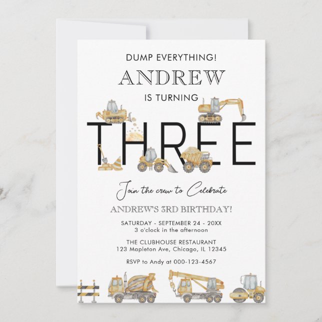 Camiones de construcción 3ª invitación de fiesta d (Anverso)