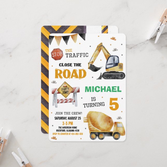 Camiones de construcción Invitación a fiesta de cu (Anverso/Reverso In Situ)