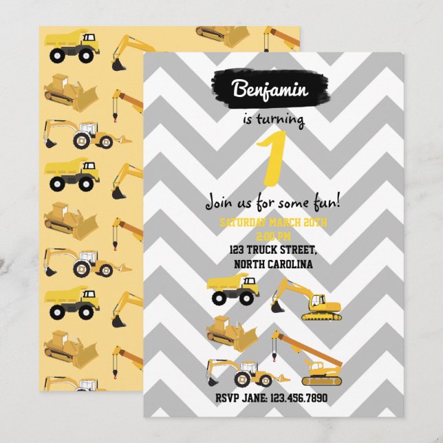 Camiones de construcción Invitaciones de cumpleaño (Anverso / Reverso)