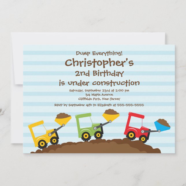 Camiones de Dump Cute Invitaciones a Fiesta de Cum (Anverso)