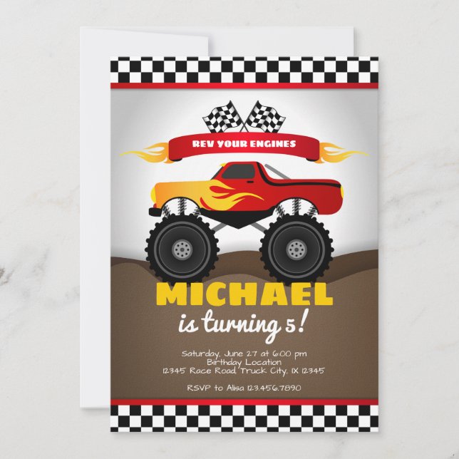 Camiones monstruo Invitación de cumpleaños para ni (Anverso)
