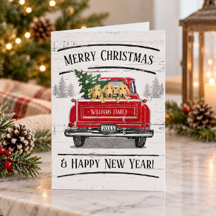 Camioneta Roja Vintage Perros Navidad Árbol Famili