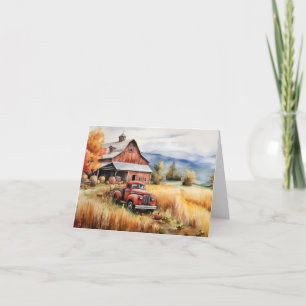 Camioneta vieja y granero rojo en otoño en blanco
