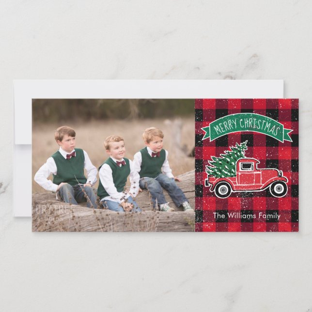 Camioneta Vintage de Navidad Cuadro Rojo de Búfalo (Anverso)