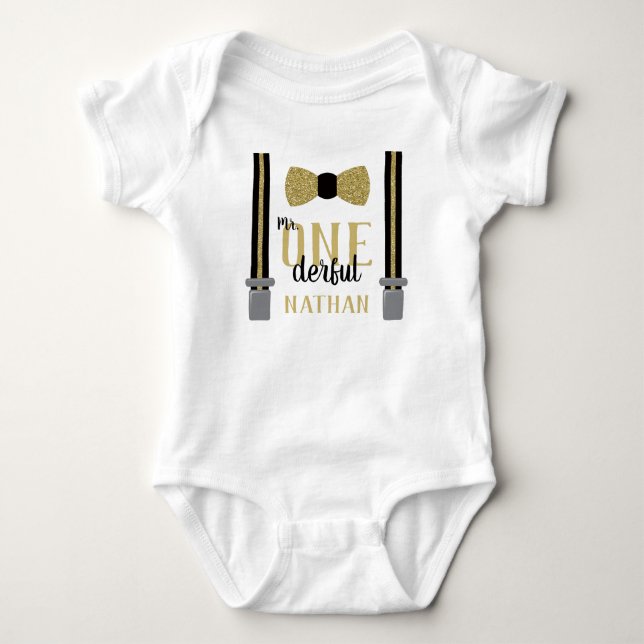 Camisa de cumpleaños Mr ONEderful en negro y dorad (Anverso)