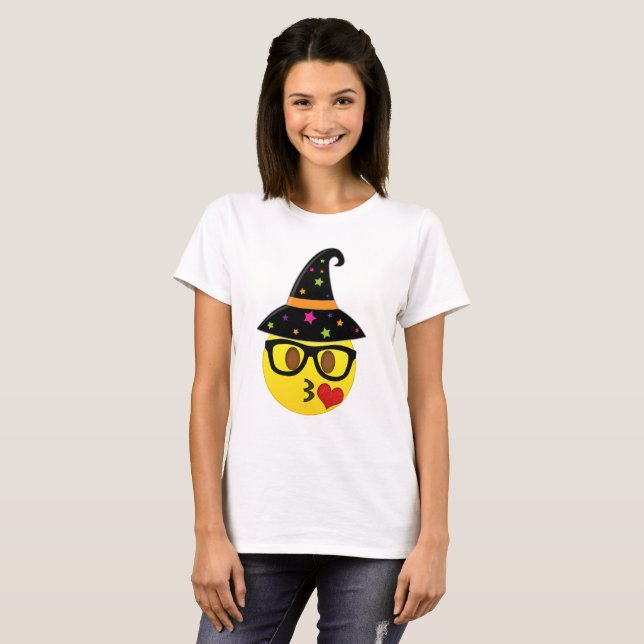 Camisa de la emoji de la bruja de Halloween Kissy (Anverso completo)