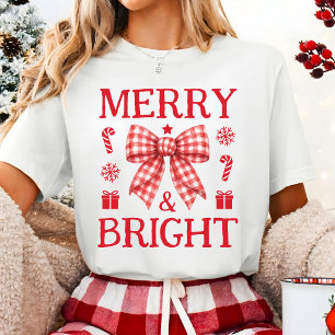 Camisa de lazo de gingham rojo de Navidad Alegre y