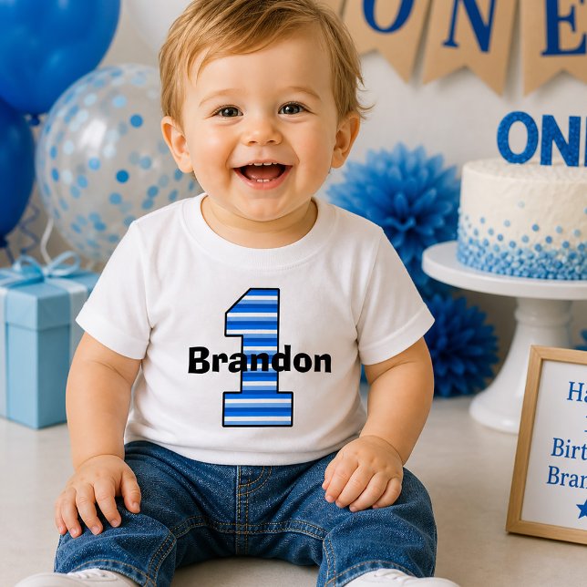 Camisa de Niño de Cumpleaños Número Uno con Rayas  (Blue Striped First Birthday Boy Shirt)