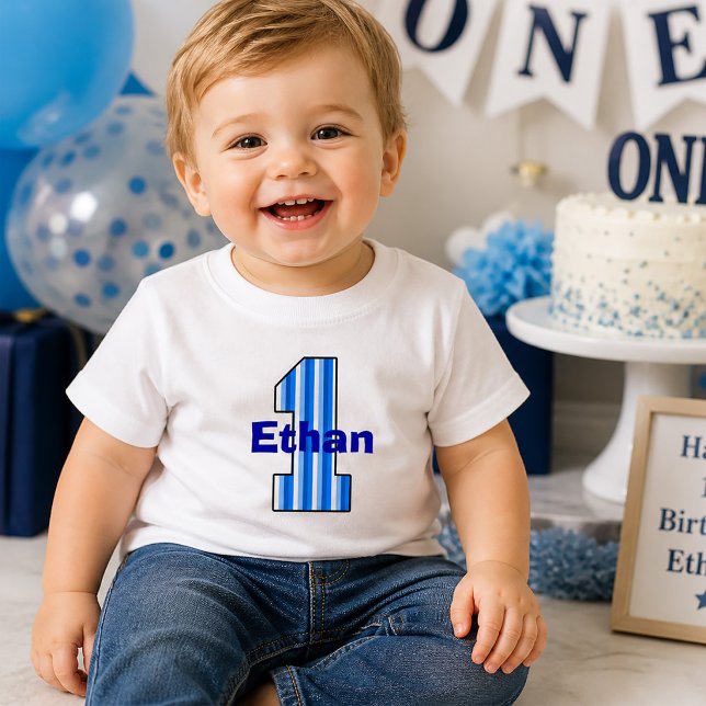 Camisa de niño de primer cumpleaños con rayas azul (Blue striped First Birthday Boy Shirt)