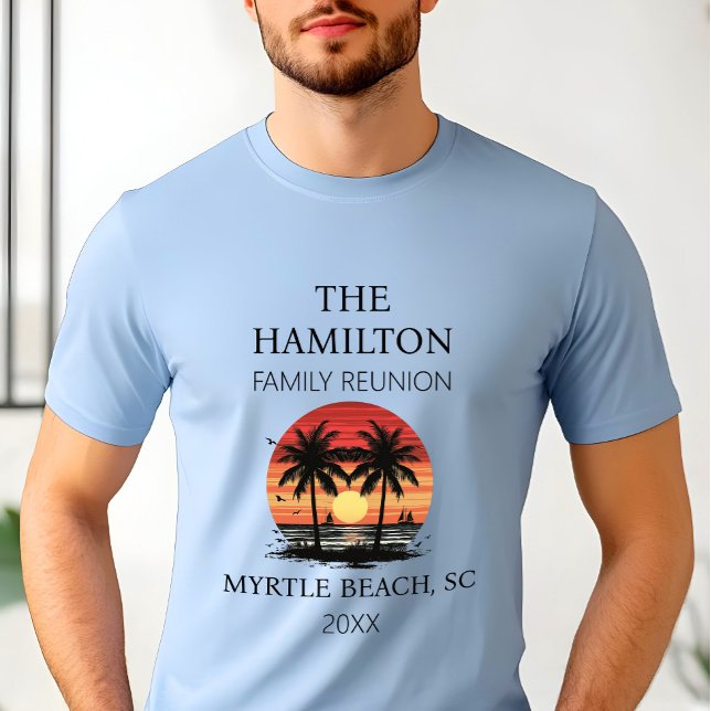 Camisa de playa de Reunión Familiar (Men's Beach Family Reunion  Custom date and location T-shirt with family names on back)