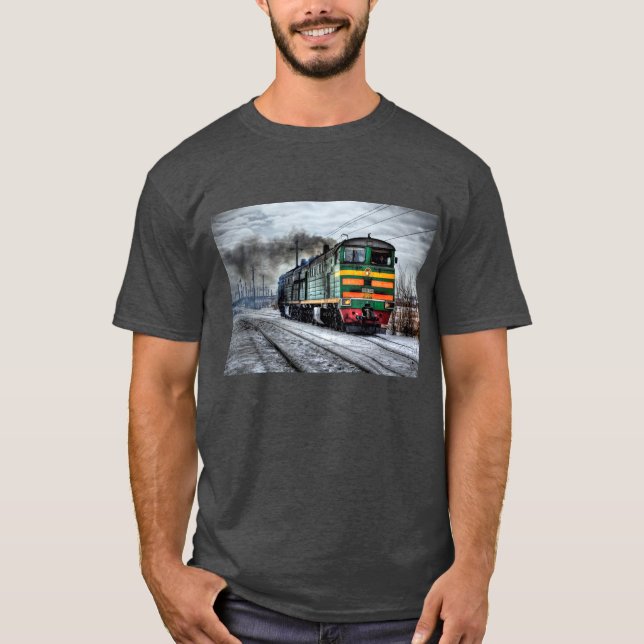 Camisa de tren de locomotora negra, amarilla y roj (Anverso)