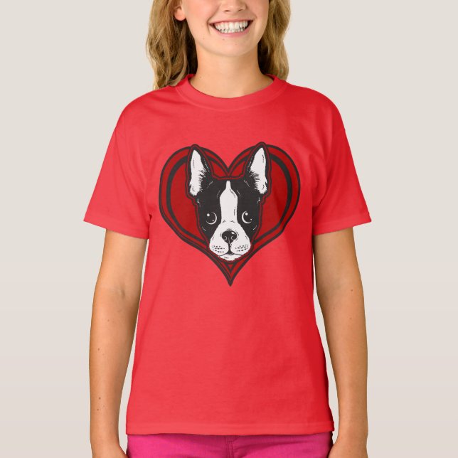 Camisa del corazón de Boston Terrier del chica (Anverso)