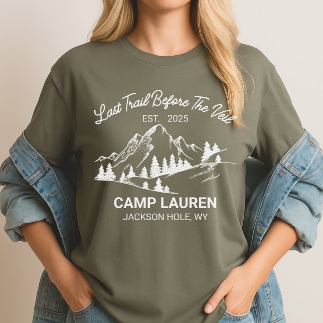Camisa Last Trail Before the Veil, Campamento pers (camping bride shirt, hiking bachelorette party shirt, bachelorette adventure shirt, )