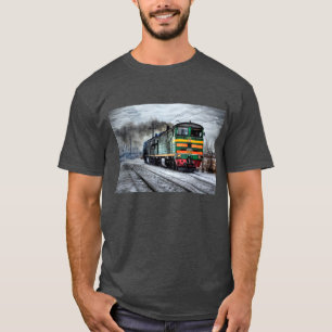 Camisa locomotora negra, amarilla y roja del tren