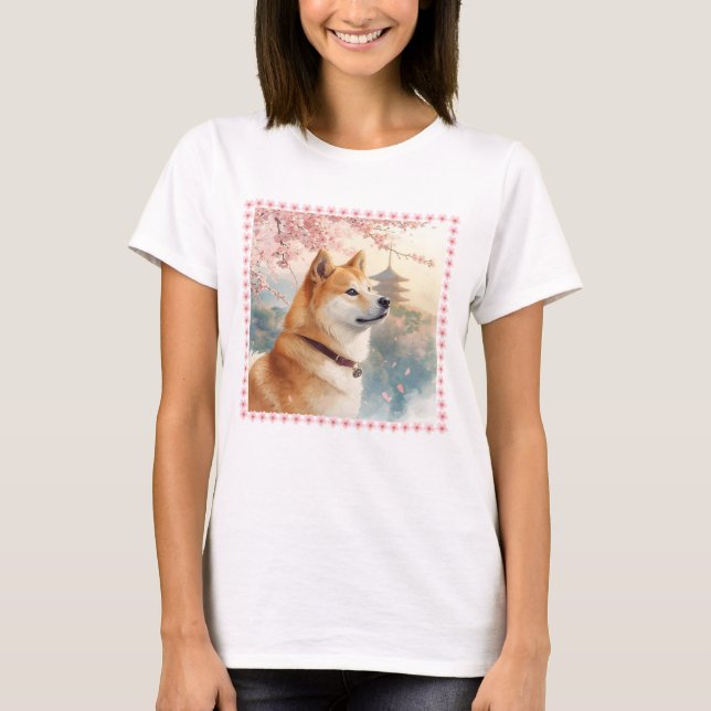 CAMISETA かわいい柴犬の手書き風イラスト桜♡レディース (Anverso)