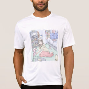 CAMISETA さにしれじ　緑のカーペットが敷いてある寝室でへたり込んでいる女性のイラスト