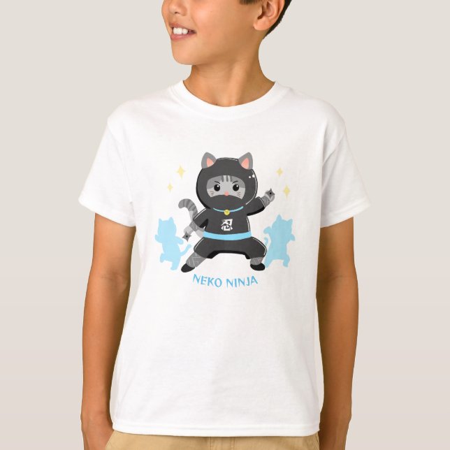 Camiseta 可愛い猫忍者 日本 ブルー Cat Ninja from Japan Blue (Anverso)