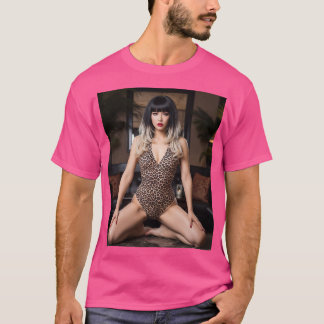 CAMISETA 大胆なヒョウ柄水着でゴールドのメッシュワンポイントの似合う黒髪の女性