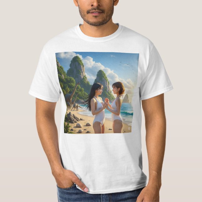 CAMISETA 恋する日本人がジュラ紀の浜辺で白い水着美女二人組 (Anverso)