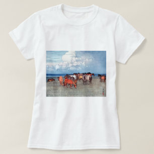 Camiseta 沼 崎 場, caballos, Hiroshi Yoshida, Woodcut