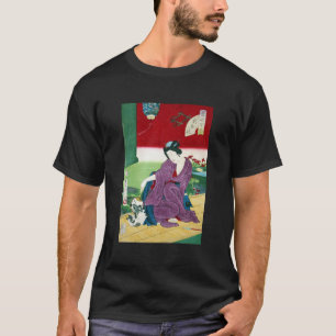 Camiseta 猫と女, gato y mujer, Toyohara Kunichika, Ukiyo-e del