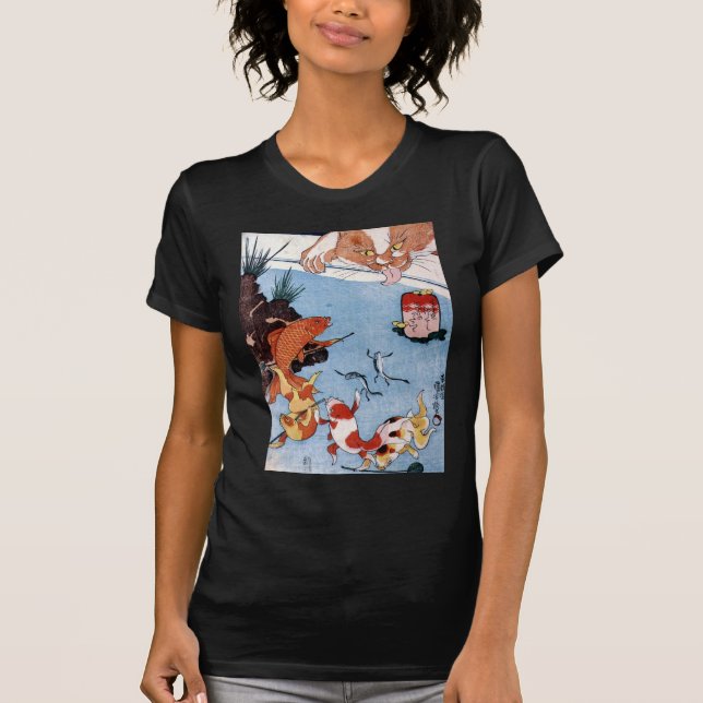 Camiseta 猫と金魚, gato y Goldfish, Kuniyoshi, Ukiyo-e del 国芳 (Anverso)