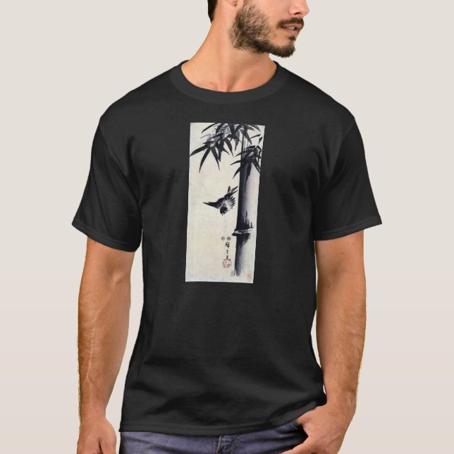 Camiseta 竹に雀, bambú y gorrión, Hiroshige, Sumi-e del 歌川広重 (Anverso)