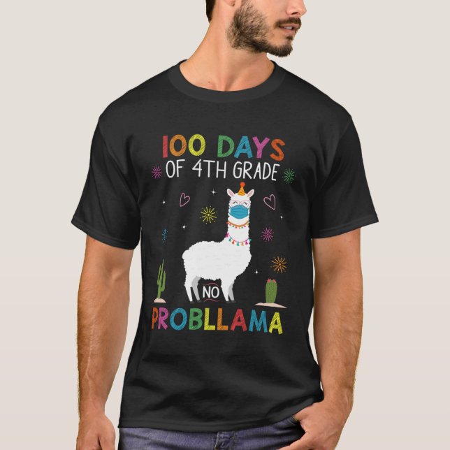 Camiseta 100 Days of 4th Grade No Probllama Llama Mask Quar (Anverso)
