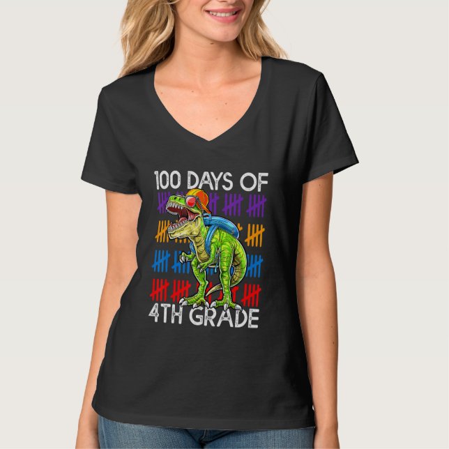 Camiseta 100 Days of 4th Grade School Dinosaur Dino Trex 10 (Anverso)