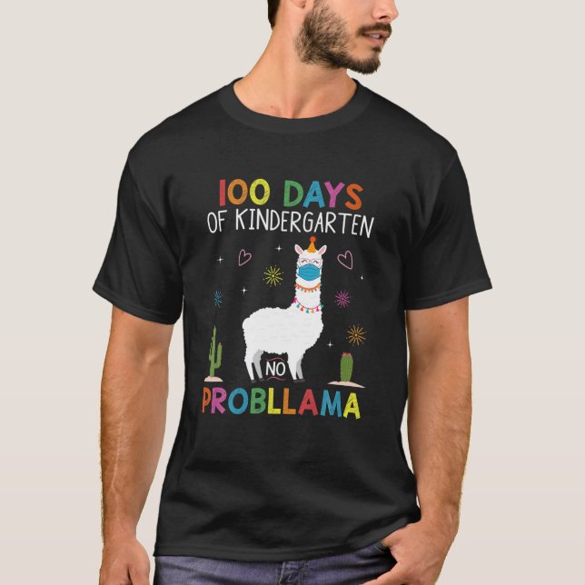 Camiseta 100 Days Of Kindergarten No Probllama Llama Mask Q (Anverso)