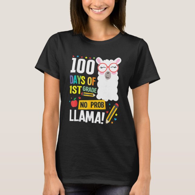 Camiseta 100 Days Of School 1st Grade Llama Girls Boys No P (Anverso)