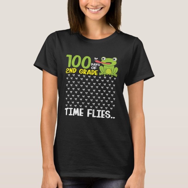 Camiseta 100 Days of School 2nd Grade Frog Time Flies Boys  (Anverso)