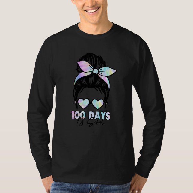 Camiseta 100 Days Of School Girls Messy Bun Hair 100th Day  (Anverso)