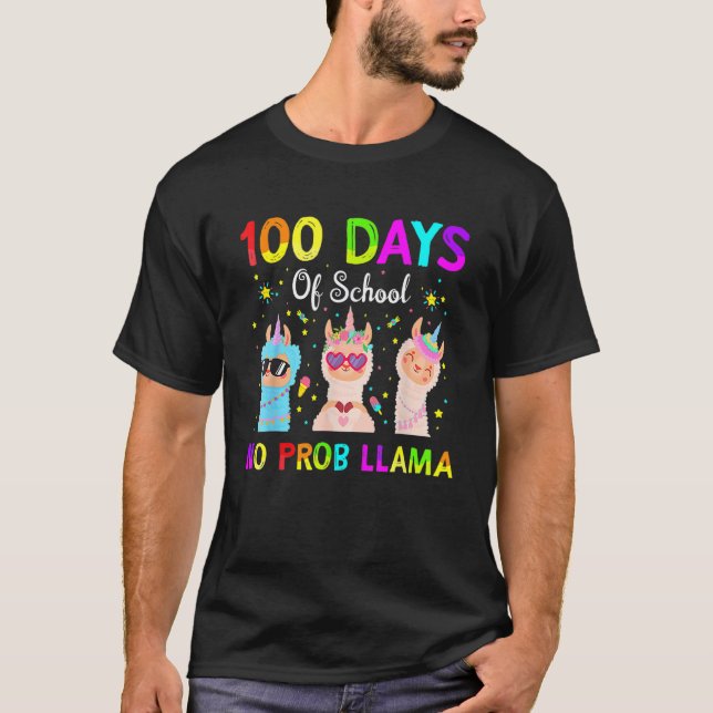 Camiseta 100 Days Of School No Probllama Llama Happy 100th  (Anverso)