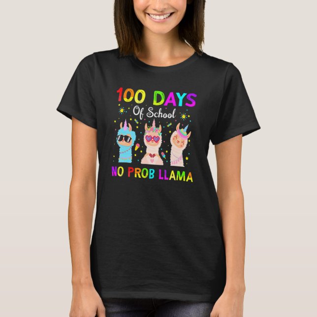Camiseta 100 Days Of School No Probllama Llama Happy 100th  (Anverso)