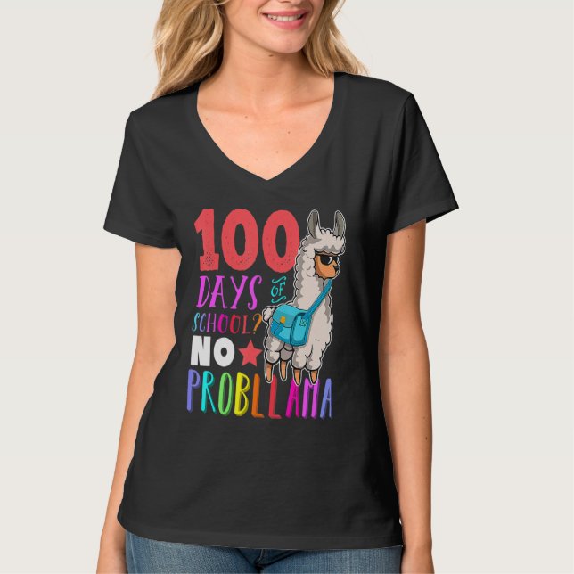 Camiseta 100 Days Of School No Probllama Llama Happy 100th  (Anverso)