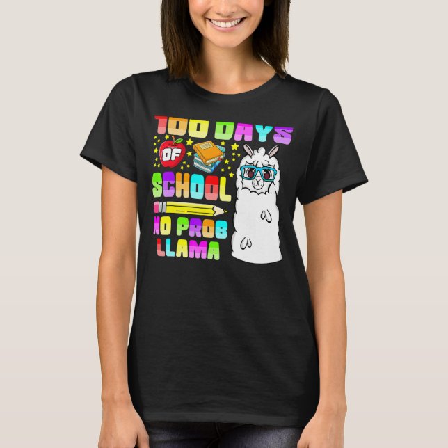 Camiseta 100 Days of School Shirt No Probllama Llama 100th  (Anverso)
