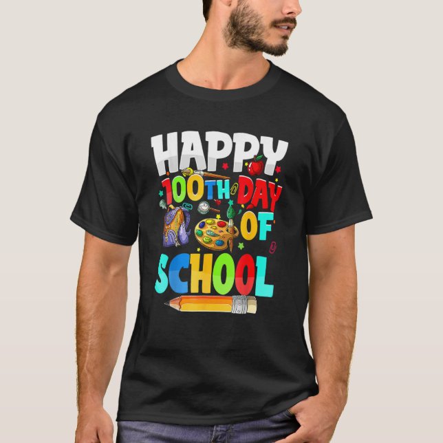 Camiseta 100 Days Of School Teachers Kids Girls Boys Happy  (Anverso)