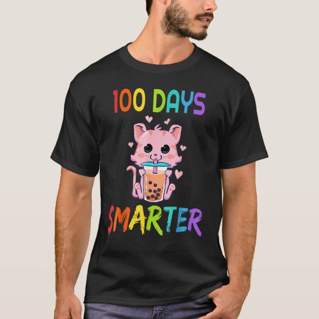 Camiseta 100 Days Smarter 100th Day Of School Cat boba Tea  (Anverso)