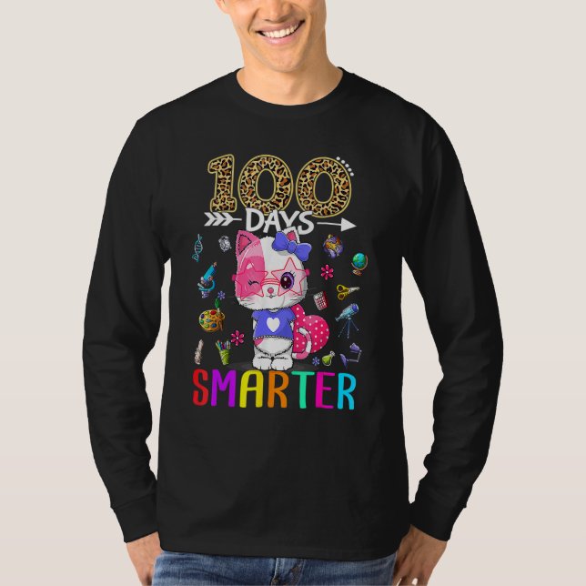Camiseta 100 Days Smarter Cute Cat Girl Kid Happy 100th Day (Anverso)
