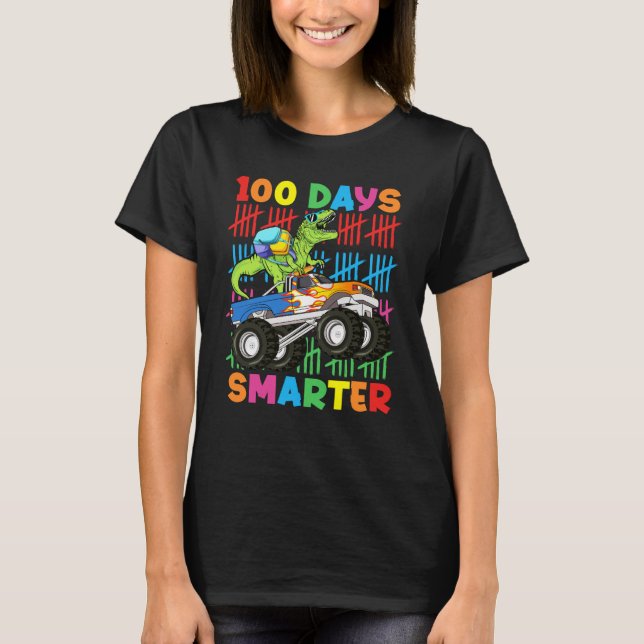 Camiseta 100 Days Smarter Dinosaur Monster Truck 100th Day  (Anverso)