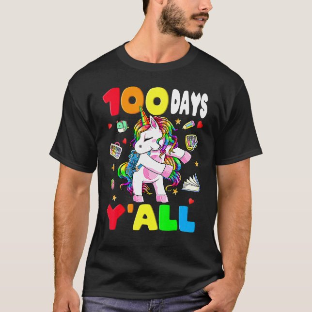 Camiseta 100 Days Y'all Teacher Flossing Unicorn Girls 100t (Anverso)