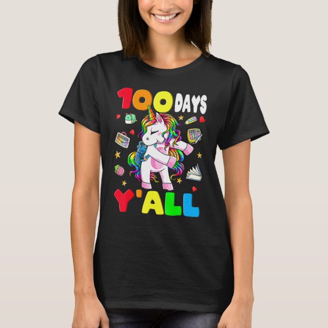 Camiseta 100 Days Y'all Teacher Flossing Unicorn Girls 100t (Anverso)