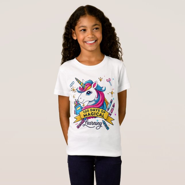 Camiseta 100 días de aprendizaje mágico escolar Unicornio (Anverso completo)