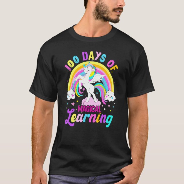 Camiseta 100 Días De Aprendizaje Mágico Unicornio Arcoíris  (Anverso)