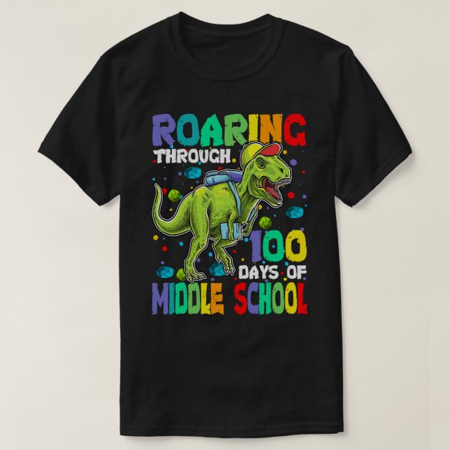 Camiseta 100 días de dinosaurio escolar medio (Diseño del anverso)