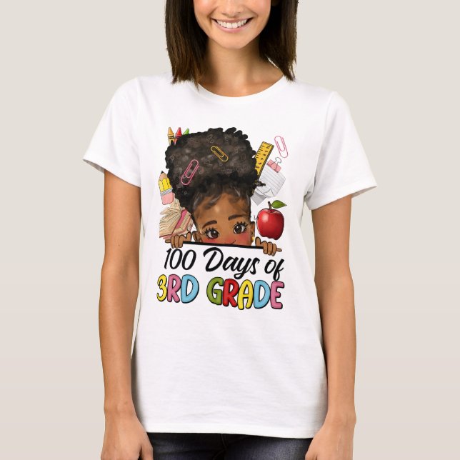 Camiseta 100 Días De Escuela 3° Grado Afro Chica Messy Bun  (Anverso)