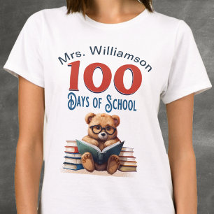 Camiseta 100 Días de Escuela Osito Lindo Leyendo Maestro