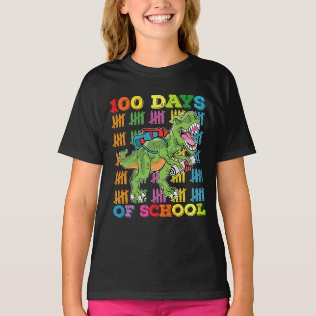 Camiseta 100 Días De Escuela Para Estudiante De Dinosaurio  (Anverso)