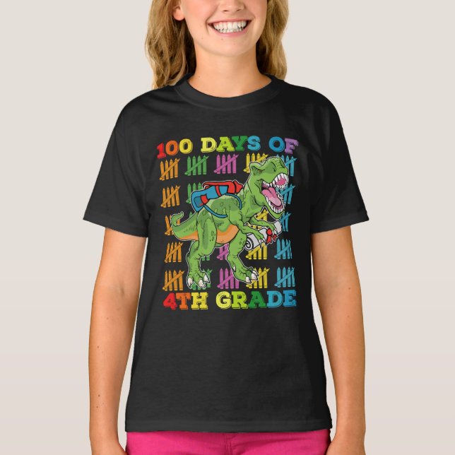 Camiseta 100 Días De T Rex Dinosaurio De Cuarto Grado Escue (Anverso)
